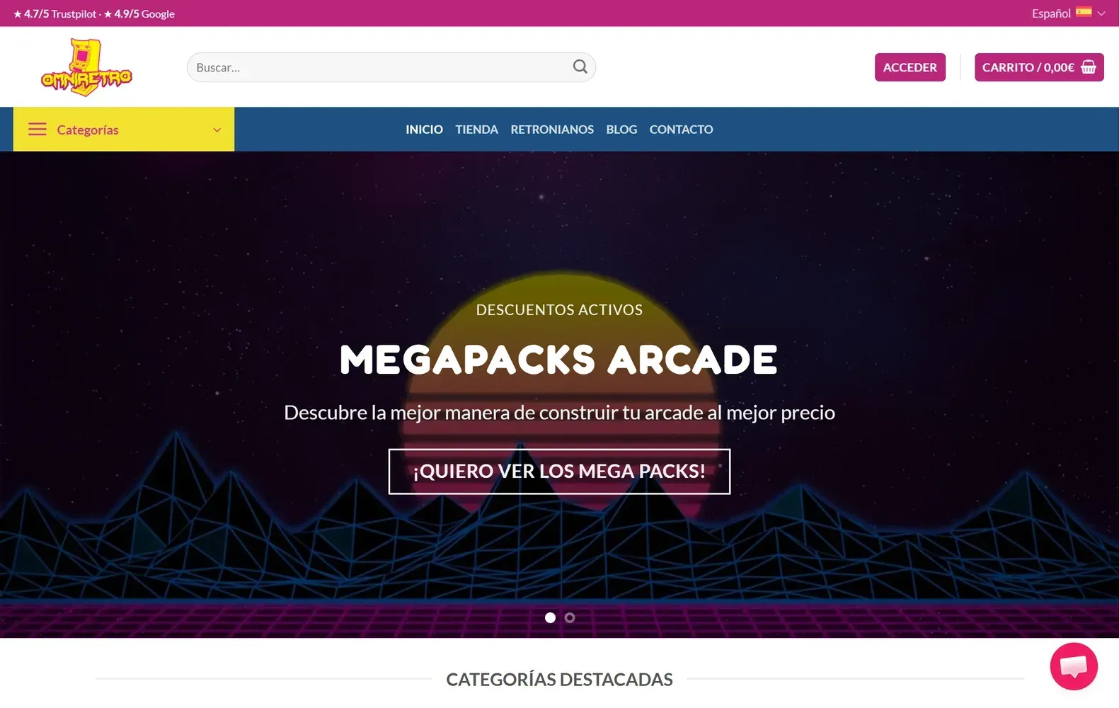 Captura de la página de inicio de Omniretro