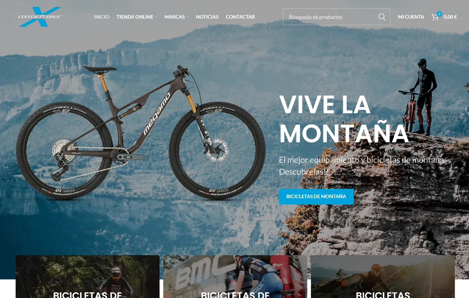 Captura de la página de inicio de Oxygen Bike