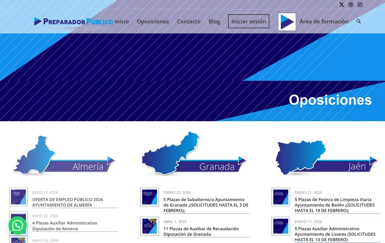Captura de la página de inicio de Preparador Público